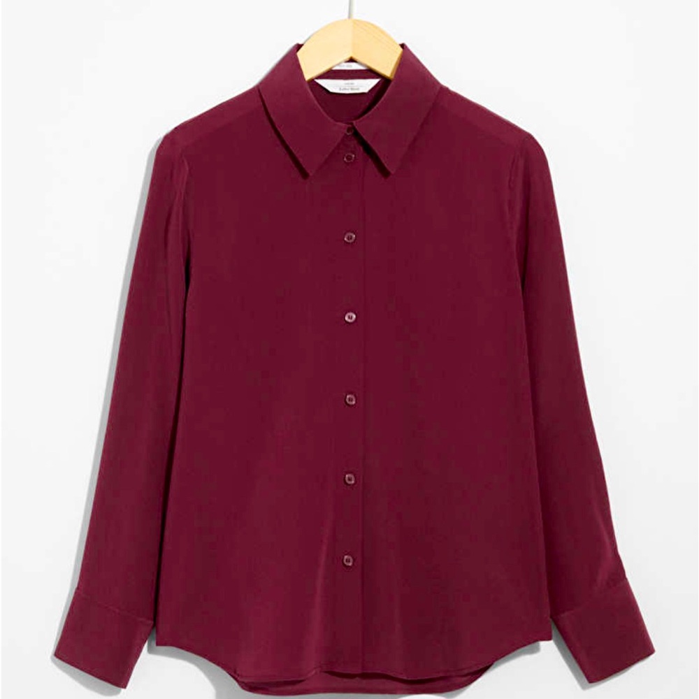 EVERLANE Berry Clean Silk Crepe Long Sleeve Button Up Relaxed Collared Shirt 2